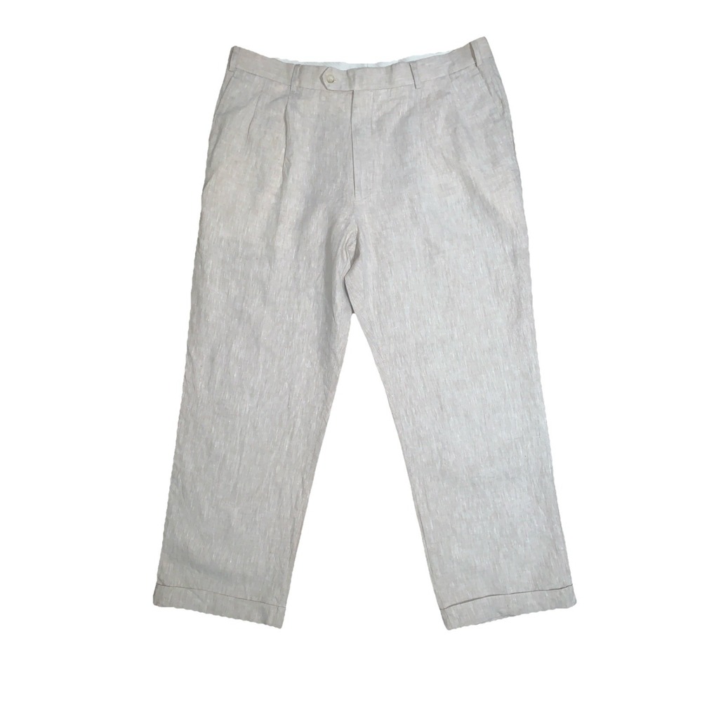 Haspel Linen Pants Oxford Dress Mens 38R Pleated Cuffed Beige Tan Summer Preppy